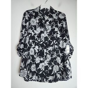 NWT Lord & Taylor Black White Floral 100% Cotton Button Down Blouse size PXL